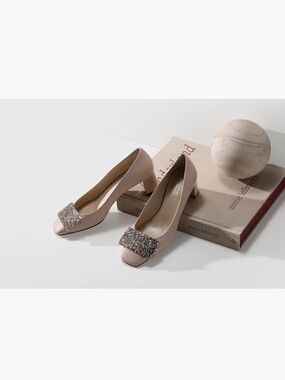 Blush Crystal-Buckle Mid Block Heel Pumps